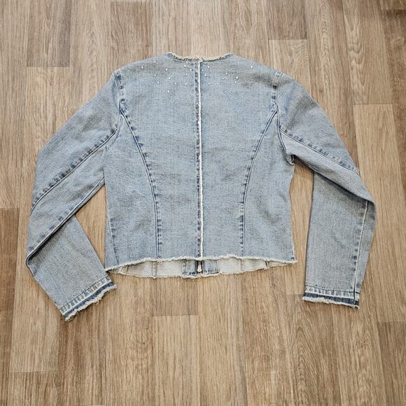 Vtg Express Denim Jacket Womens L Raw Hem Rhinestones 90s Festival Scene Grunge - Picture 6 of 9
